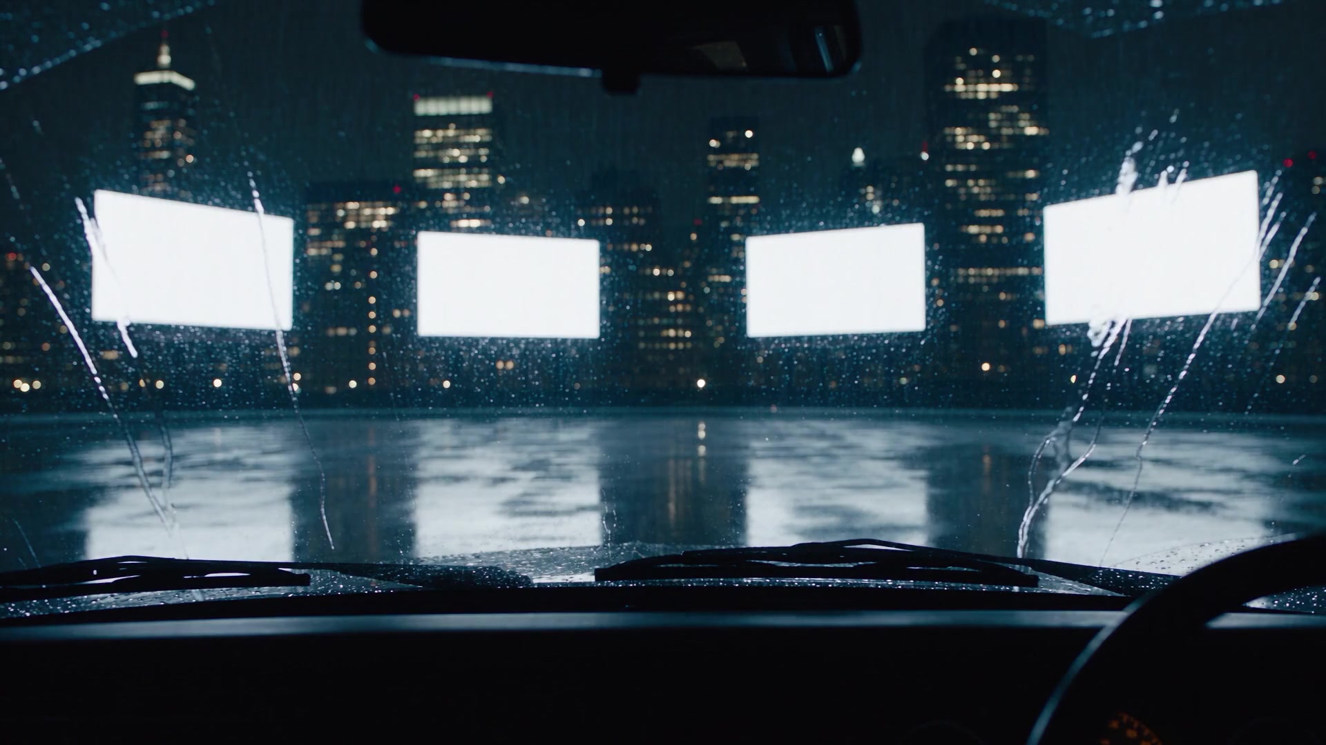 Indistinct city lights through a rain-covered windshield